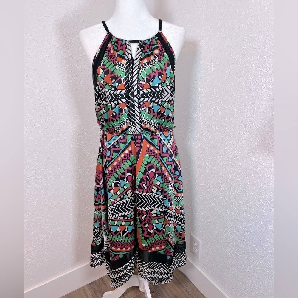 CLEAR-OUT‎ Oleg Cassini Abstract Print Keyhole Neck Dress